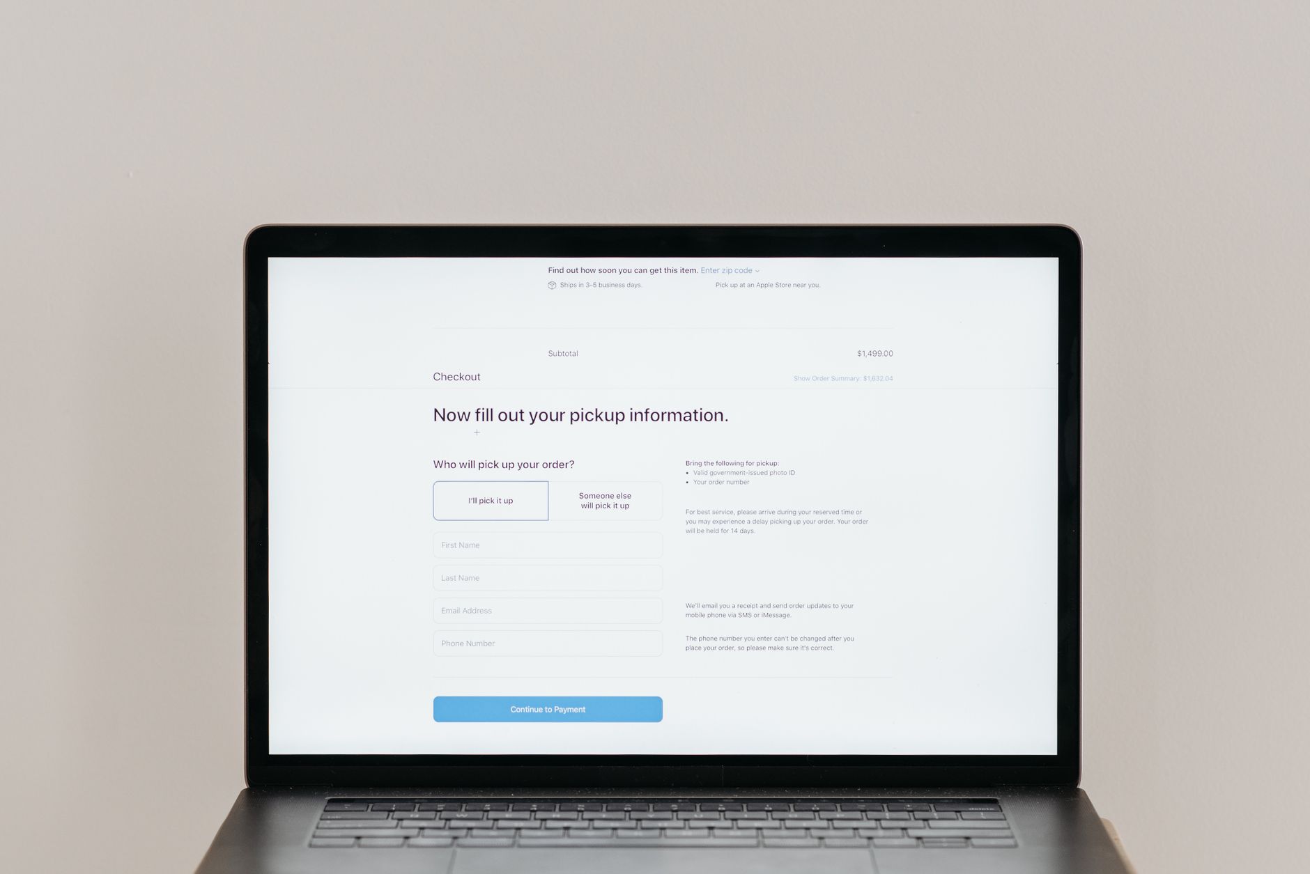 Laptop showing an online order form